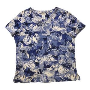 Bon Worth, Sp, Blue Floral, V-neck, Short Sleeve